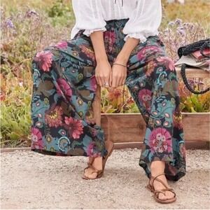 Sundance XS Women Smocked Waist Wide Leg Palazzo Pants Floral Boho Festival